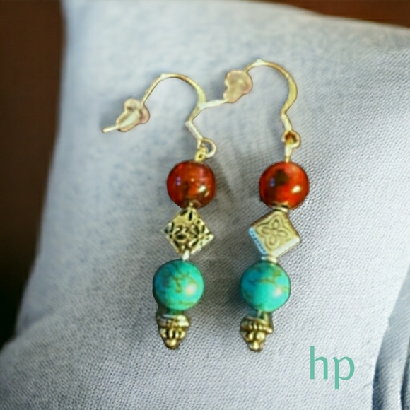 Artisan Deep Orange, Turquoise, and Silver Hand Crafted Beaded Dangle Ea… - Picture 4 of 6